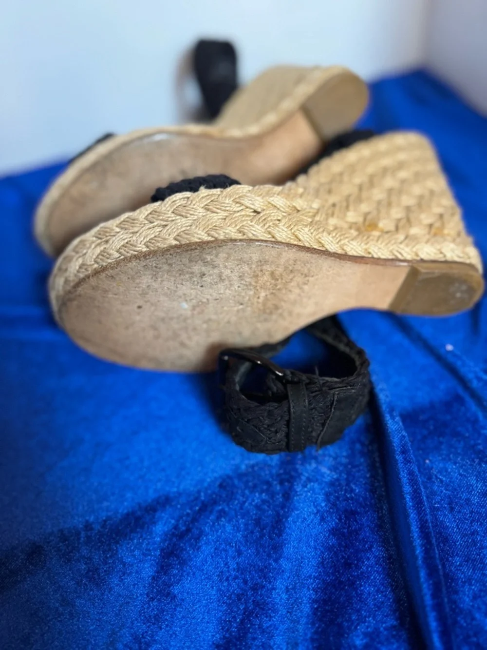 Stuart Weitzman Black Braided Espadrille Wedge Sandals with Ankle Wrap